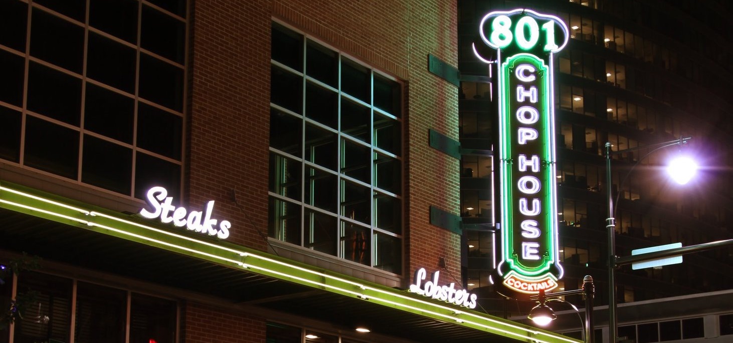 Neon sign outside Kansas City steakhouse 801 Chophouse.