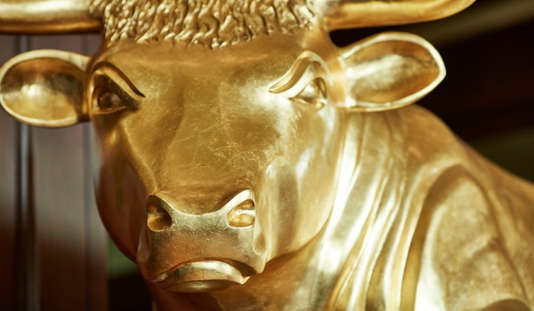 Golden bull statue outside of 801 Chophouse steakhouse.